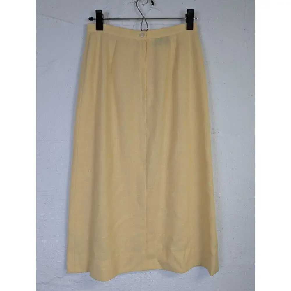 Vtg Linen Butter Yellow Midi Skirt The Villager Classic Office Preppy Slit XS